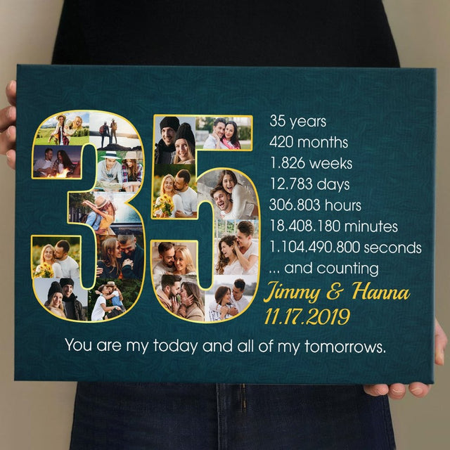 Custom 35th Wedding Anniversary Photo Collage Deep Blue Background Canvas