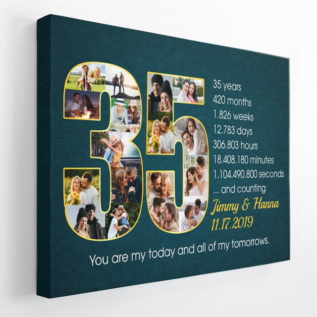 Custom 35th Wedding Anniversary Photo Collage Deep Blue Background Canvas