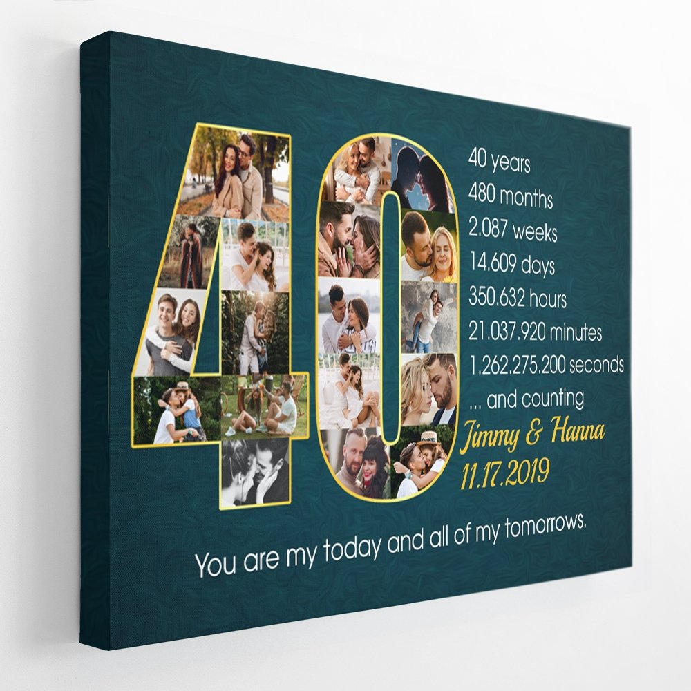 Custom 40th Wedding Anniversary Photo Collage Deep Blue Background Canvas
