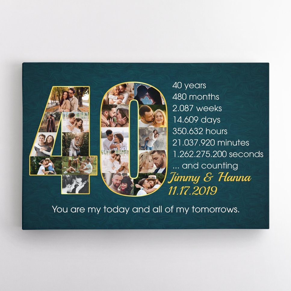 Custom 40th Wedding Anniversary Photo Collage Deep Blue Background Canvas
