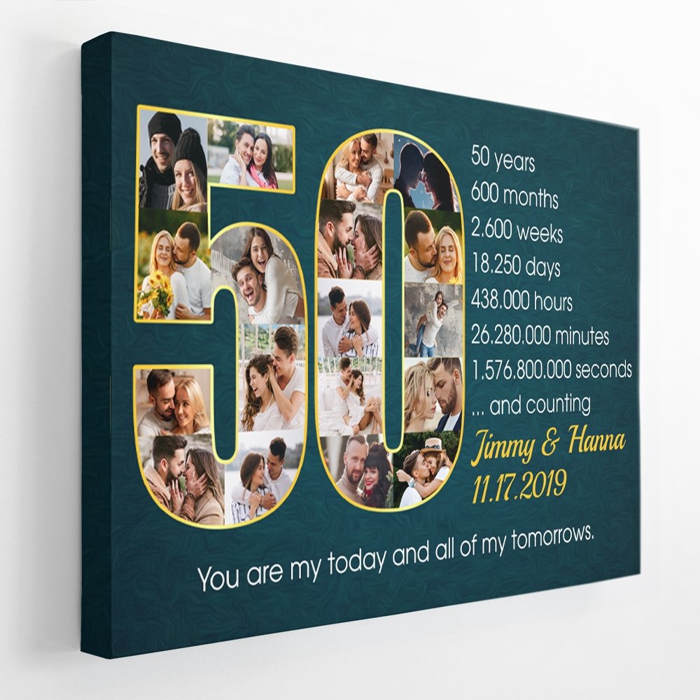 Custom 50th Wedding Anniversary Photo Collage Deep Blue Background Canvas