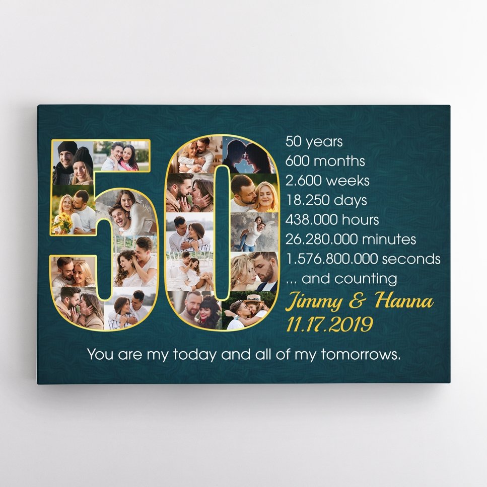 Custom 50th Wedding Anniversary Photo Collage Deep Blue Background Canvas