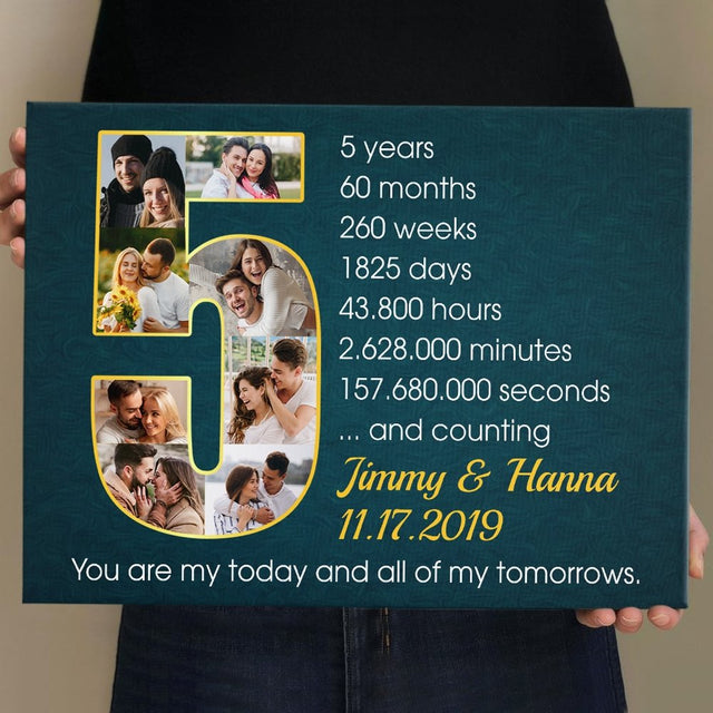 Custom 5th Wedding Anniversary Photo Collage Deep Blue Background Canvas