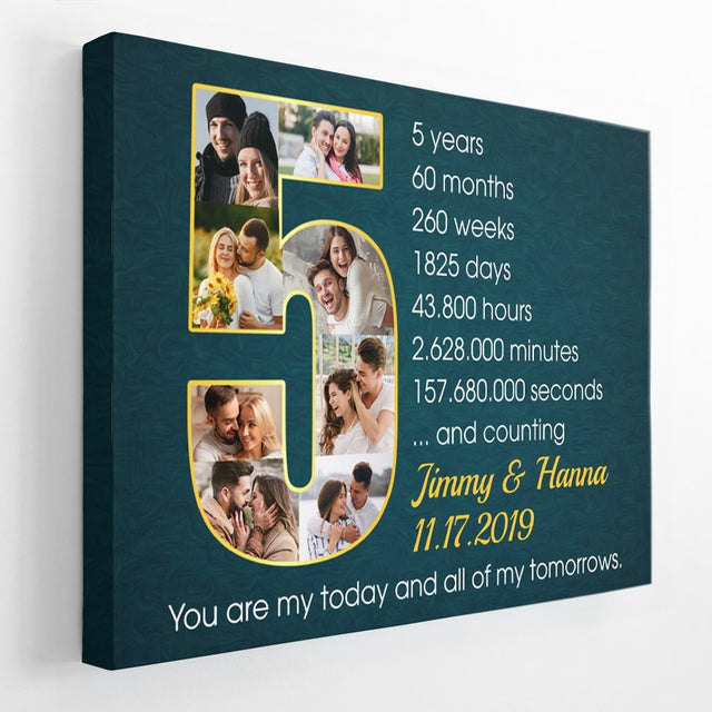 Custom 5th Wedding Anniversary Photo Collage Deep Blue Background Canvas