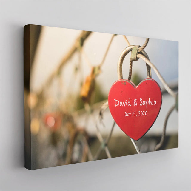 Custom Canvas Wall Art, Personalized Name And Date, Padlock Heart Shape