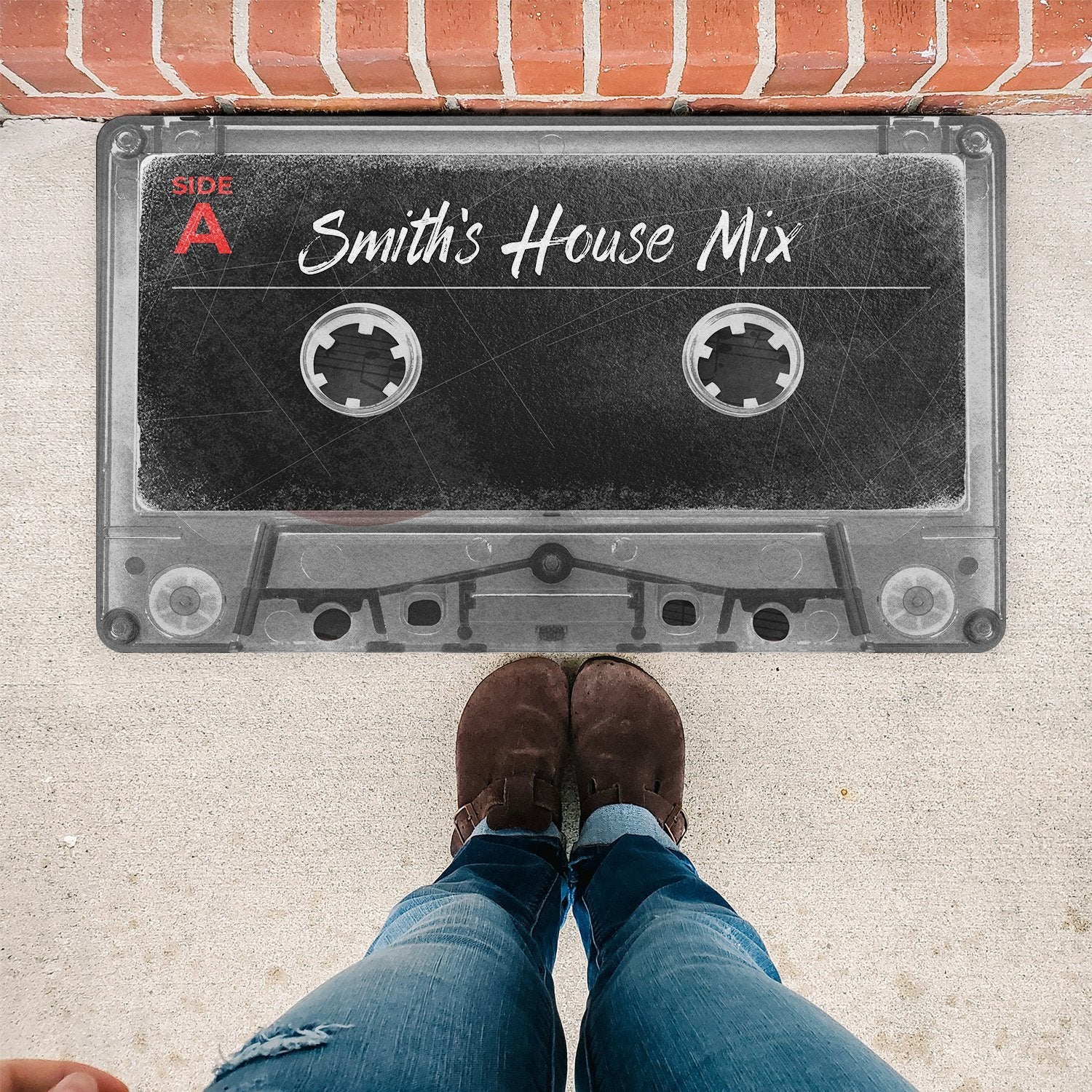 Custom Doormat, Personalized Family Name, Black Cassette