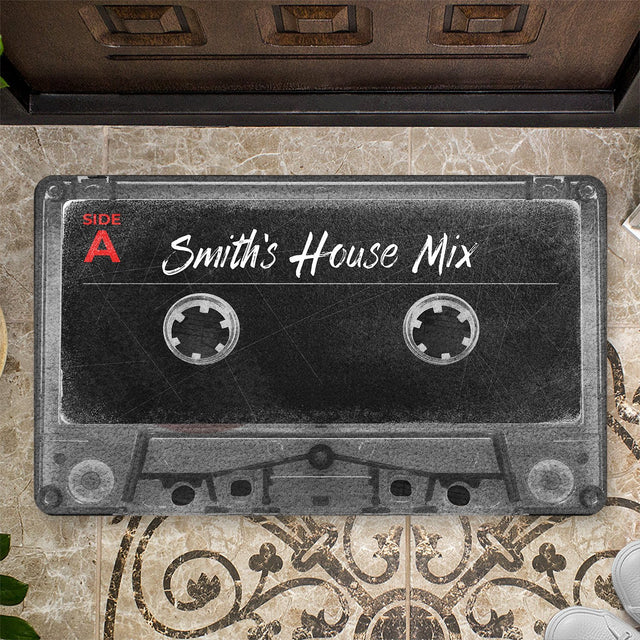 Custom Doormat, Personalized Family Name, Black Cassette