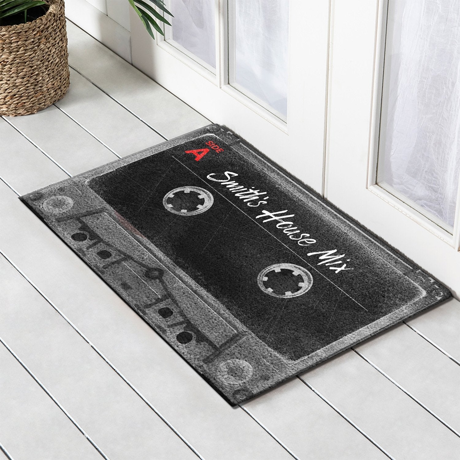 Custom Doormat, Personalized Family Name, Black Cassette
