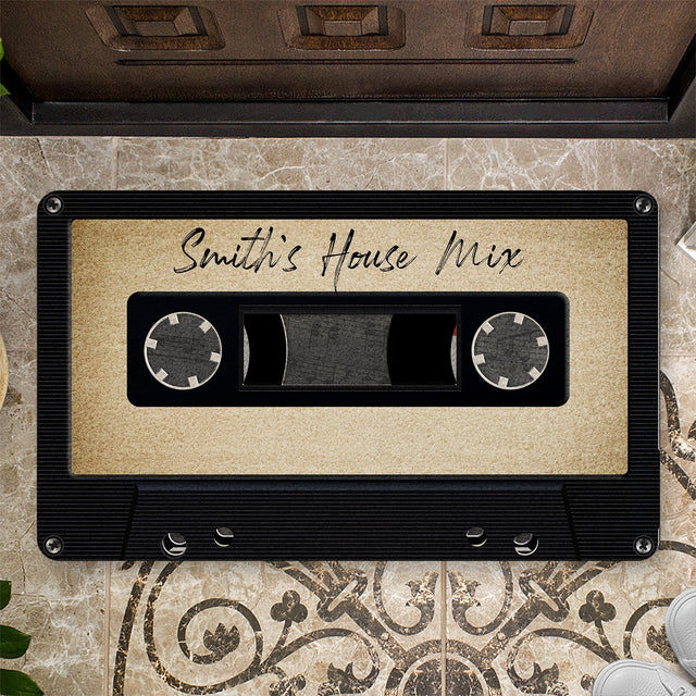Custom Doormat, Personalized Family Name, Black Cassette Tape