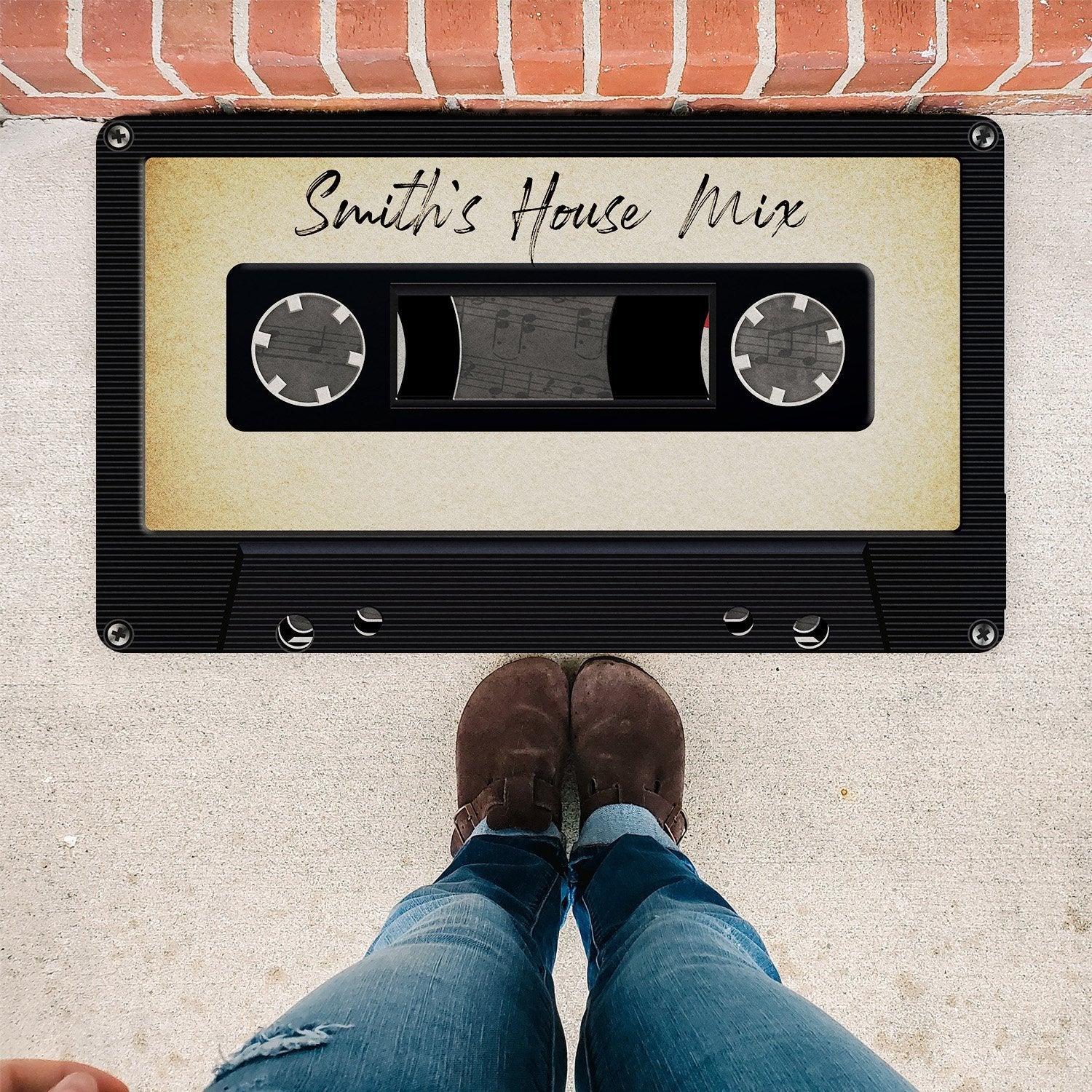 Custom Doormat, Personalized Family Name, Black Cassette Tape