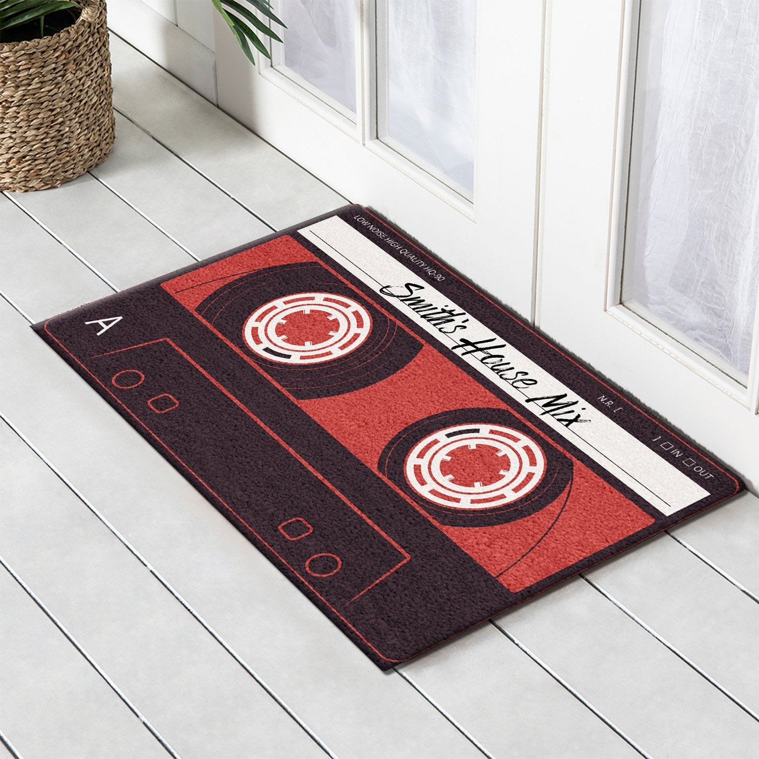 Custom Doormat, Personalized Family Name, Red Cassette Tape