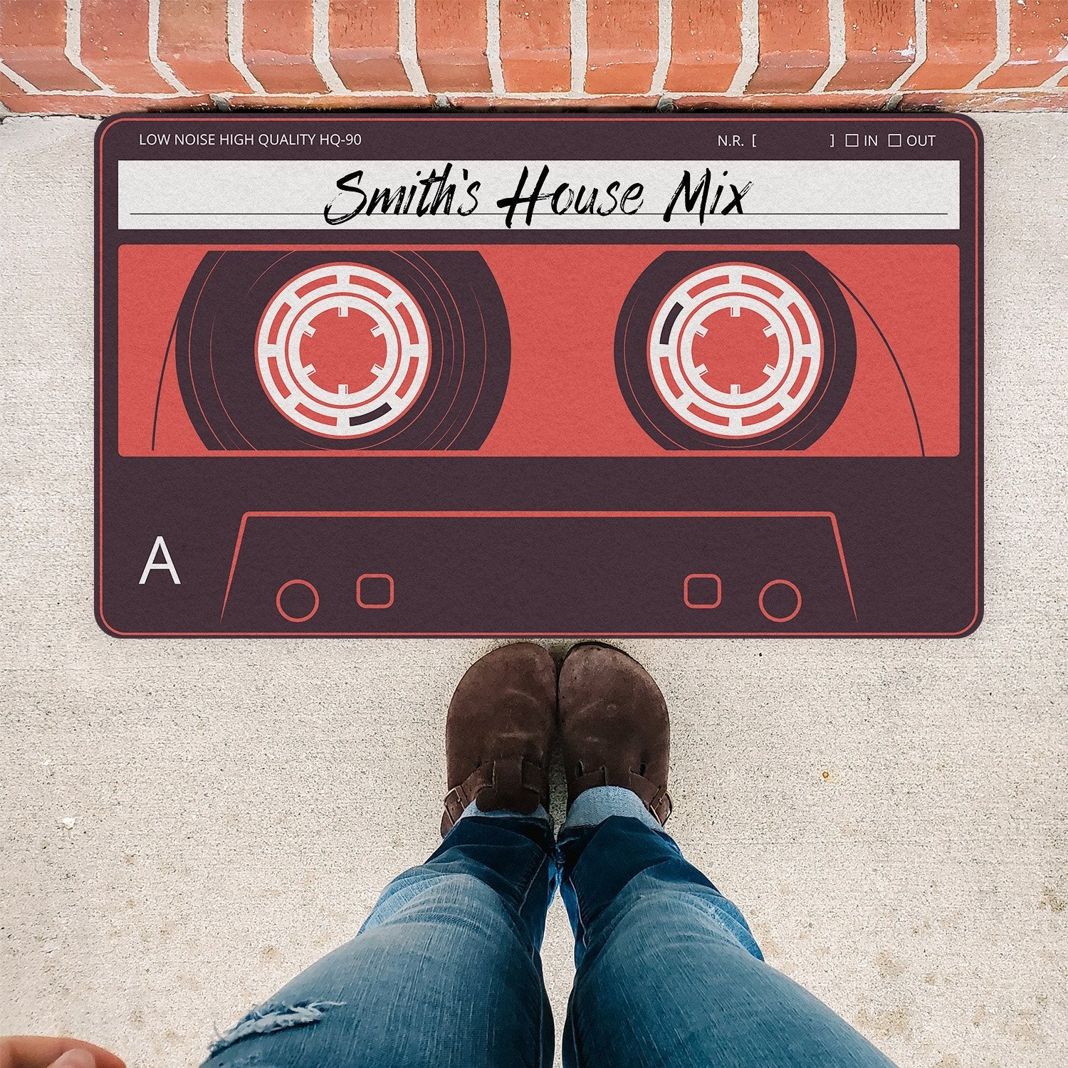 Custom Doormat, Personalized Family Name, Red Cassette Tape