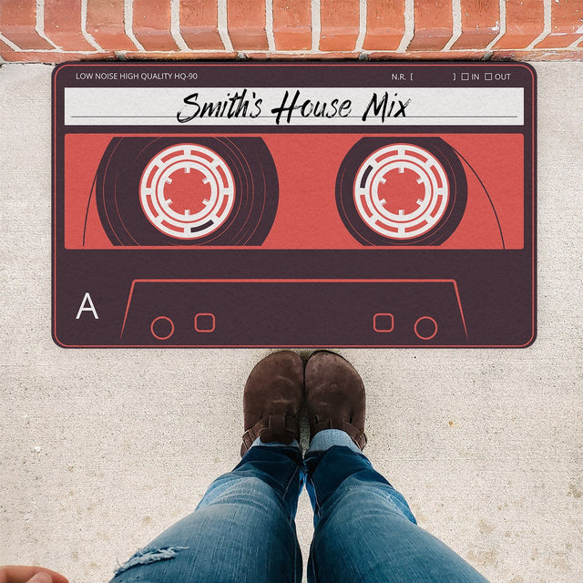 Custom Doormat, Personalized Family Name, Red Cassette Tape
