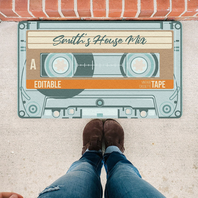 Custom Doormat, Personalized Family Name, Retro Cassette