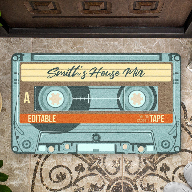 Custom Doormat, Personalized Family Name, Retro Cassette
