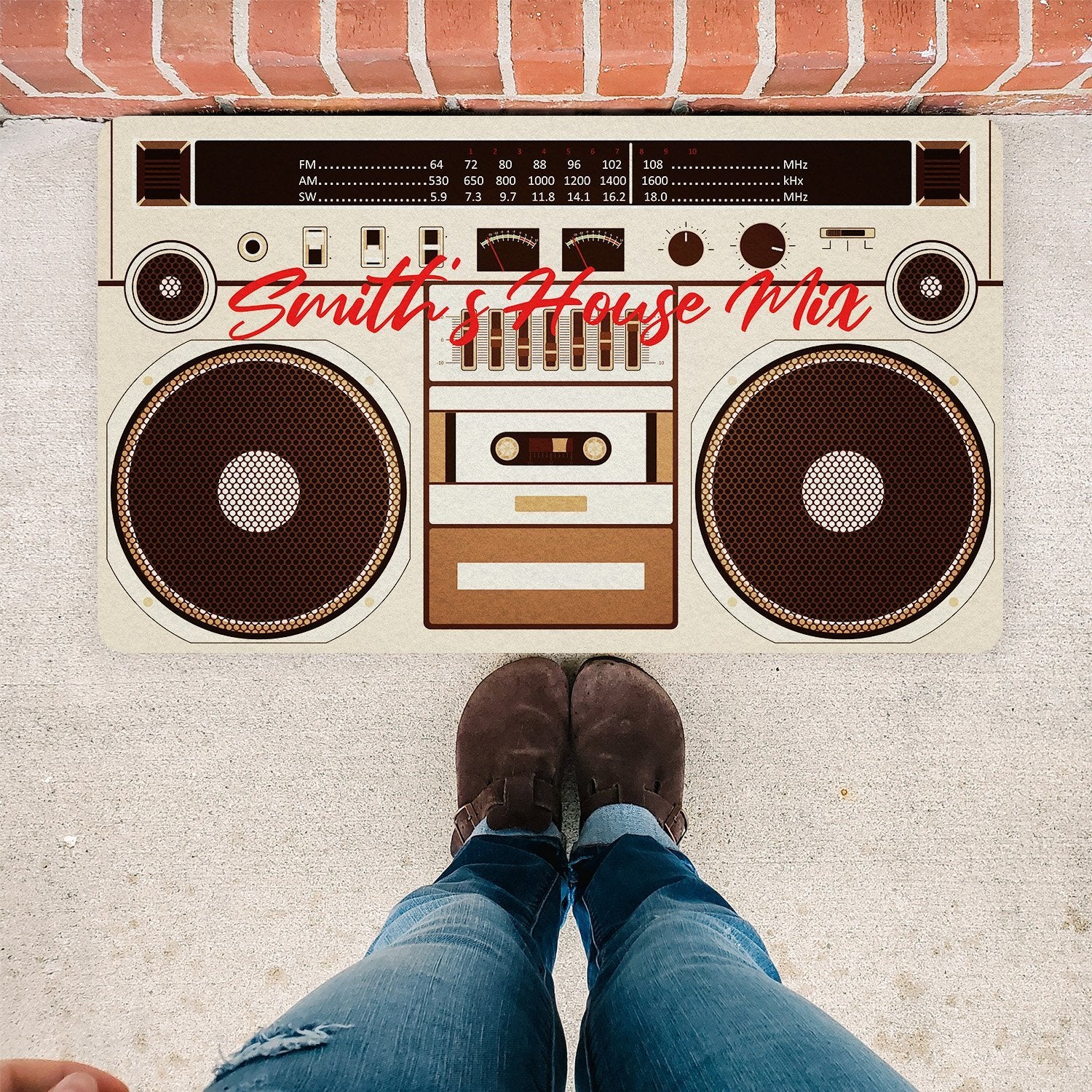 Custom Doormat, Personalized Family Name, Vintage Radio Player