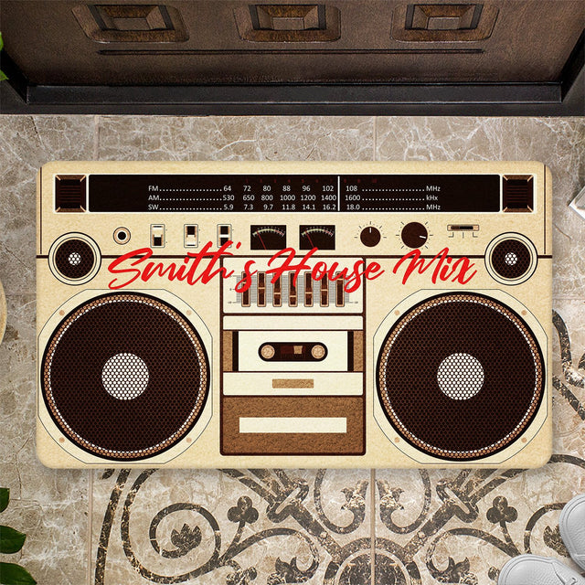 Custom Doormat, Personalized Family Name, Vintage Radio Player