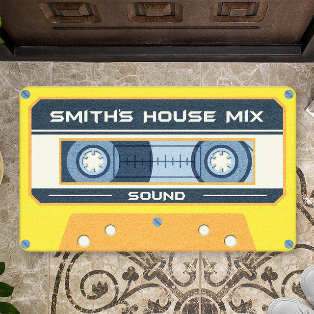 Custom Doormat, Personalized Family Name, Yellow Cassette