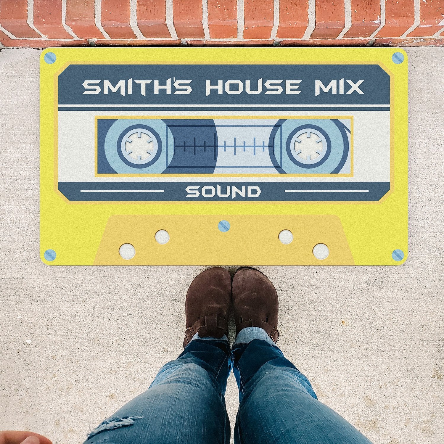 Custom Doormat, Personalized Family Name, Yellow Cassette