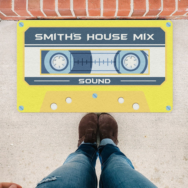 Custom Doormat, Personalized Family Name, Yellow Cassette