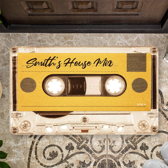 Custom Doormat, Personalized Family Name, Yellow Cassette Player