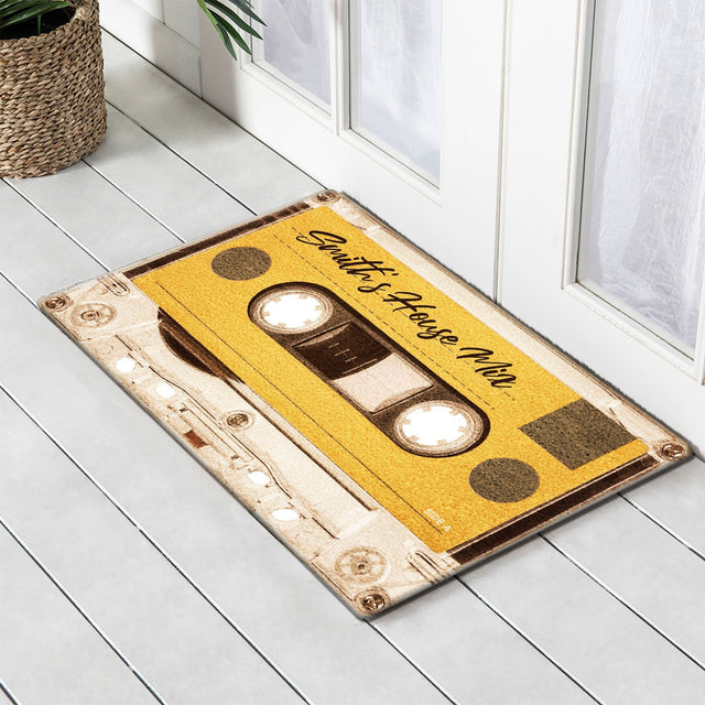Custom Doormat, Personalized Family Name, Yellow Cassette Player