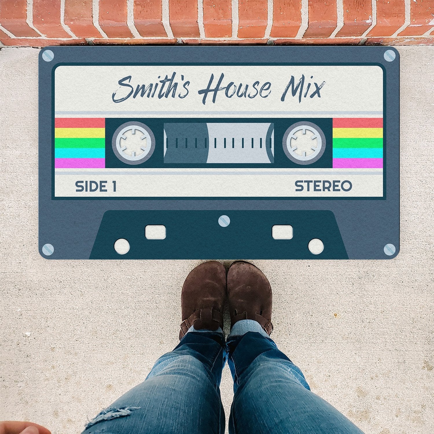 Custom Doormat, Personalized Name, Rainbow Cassette Art