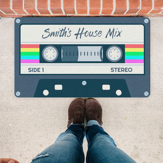 Custom Doormat, Personalized Name, Rainbow Cassette Art