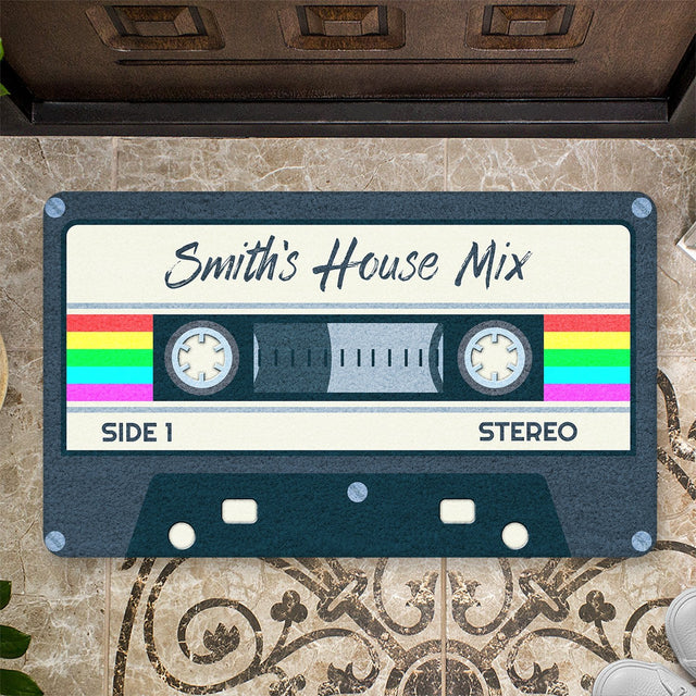 Custom Doormat, Personalized Name, Rainbow Cassette Art