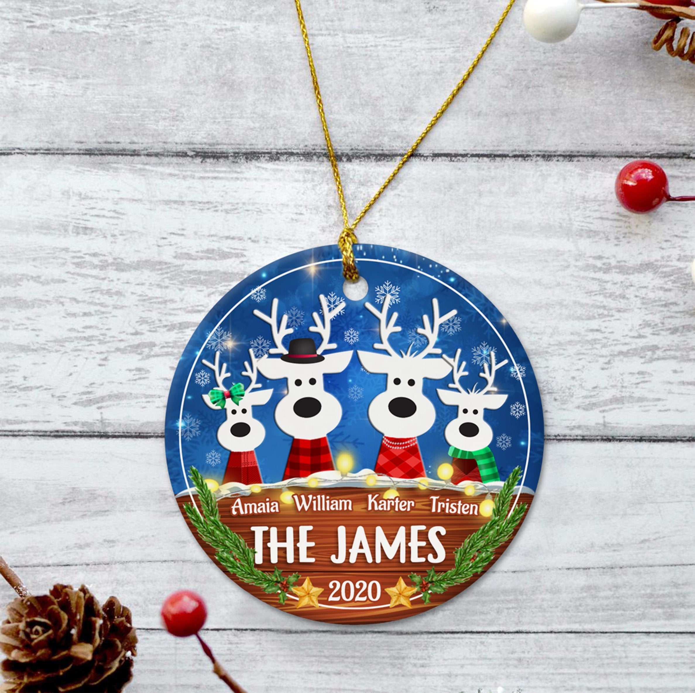 Custom Family Deer Decorative Christmas Circle Ornament 2 Sided