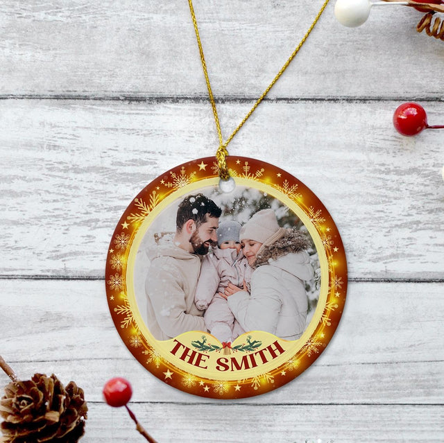 Custom Family Photo And Text Decorative Christmas Circle Ornament 2 Sided