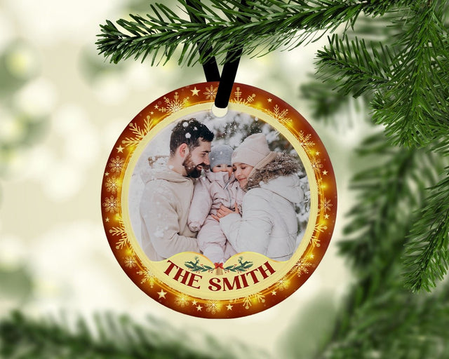 Custom Family Photo And Text Decorative Christmas Circle Ornament 2 Sided