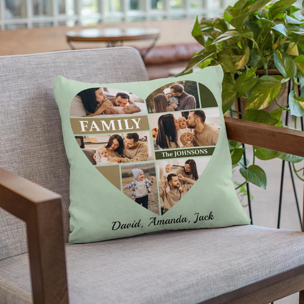 Custom Family Photo Collage, Heart Shape, Personalized Text Pillow