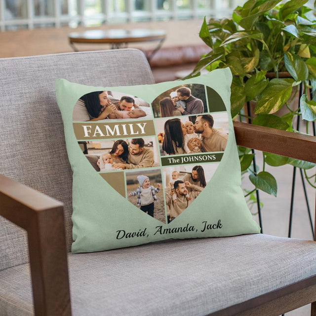 Custom Family Photo Collage, Heart Shape, Personalized Text Pillow