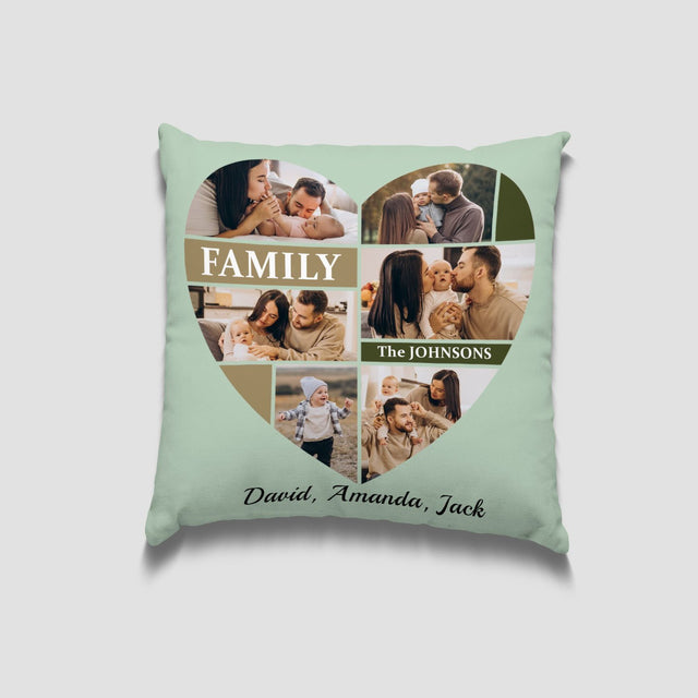 Custom Family Photo Collage, Heart Shape, Personalized Text Pillow