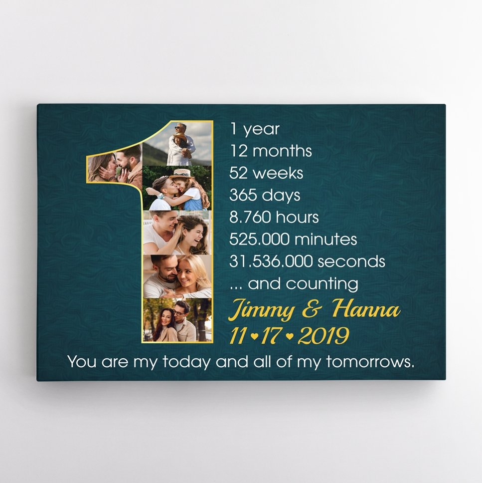 Custom First Wedding Anniversary Photo Collage Deep Blue Background Canvas