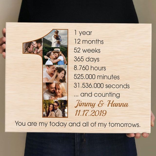 Custom First Wedding Anniversary Photo Collage Light Wood Background Canvas