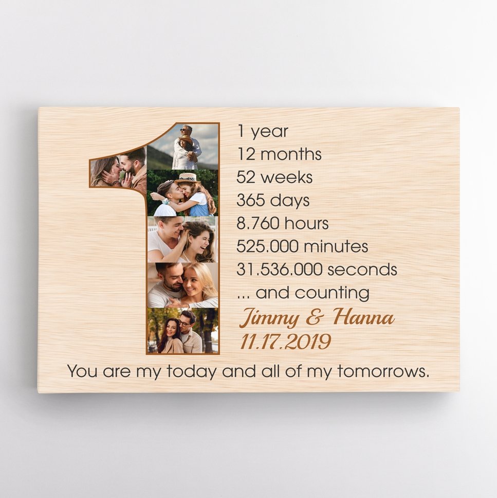 Custom First Wedding Anniversary Photo Collage Light Wood Background Canvas