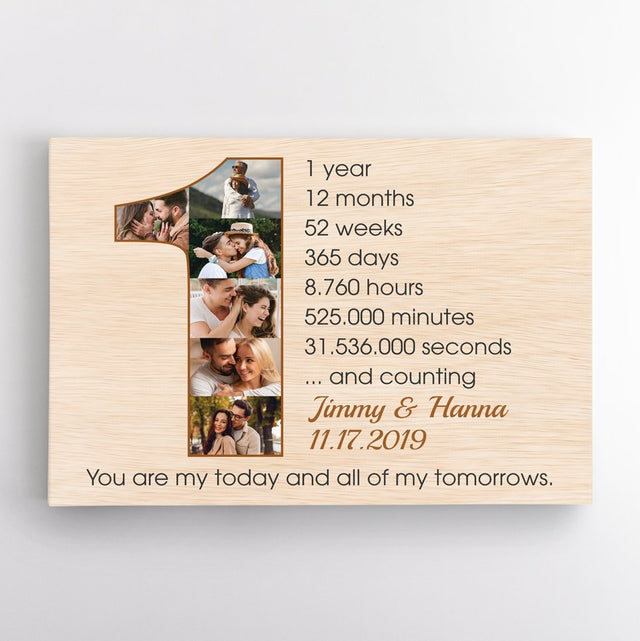 Custom First Wedding Anniversary Photo Collage Light Wood Background Canvas