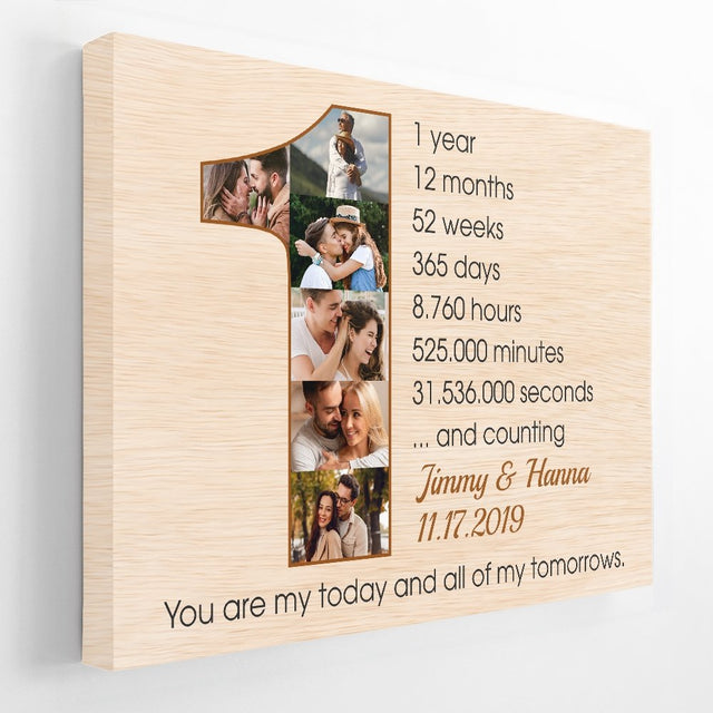 Custom First Wedding Anniversary Photo Collage Light Wood Background Canvas