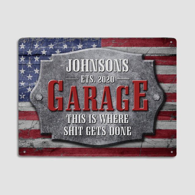 Custom Garage Sign, Personalized Name And Years, American Flag