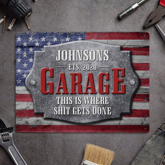 Custom Garage Sign, Personalized Name And Years, American Flag