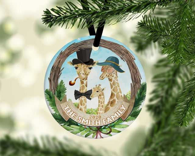 Custom Giraffe Family Decorative Christmas Circle Ornament 2 Sided
