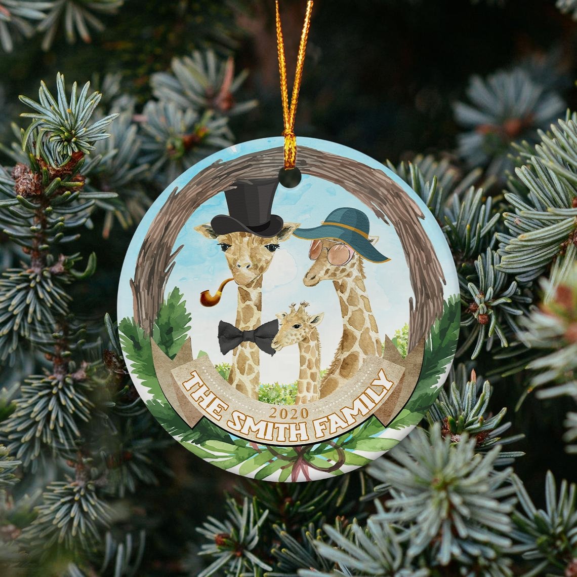 Custom Giraffe Family Decorative Christmas Circle Ornament 2 Sided