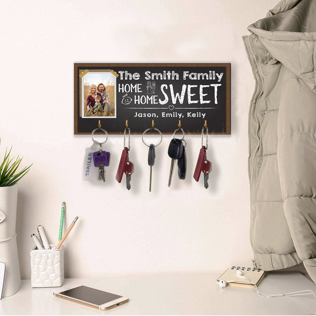 Custom Key Hook, Personalized Photo And Family Name, Home Sweet Home