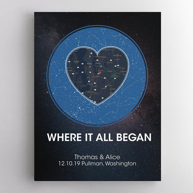 Custom Map And Star Map, Personalized Text Black Background Canvas