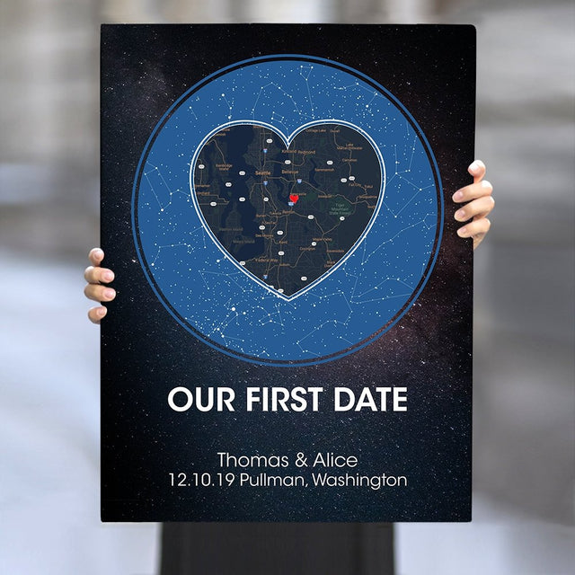 Custom Map And Star Map, Personalized Text Black Background Canvas