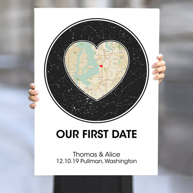 Custom Map And Star Map, Personalized Text White Background Canvas