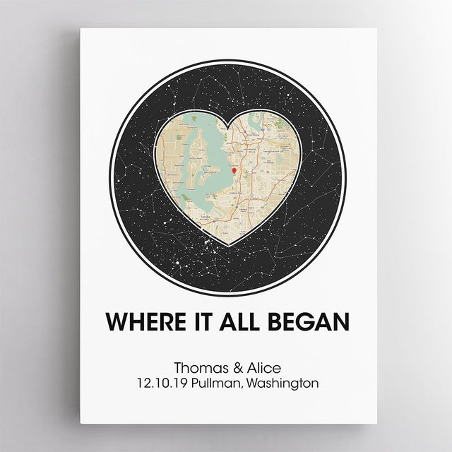 Custom Map And Star Map, Personalized Text White Background Canvas