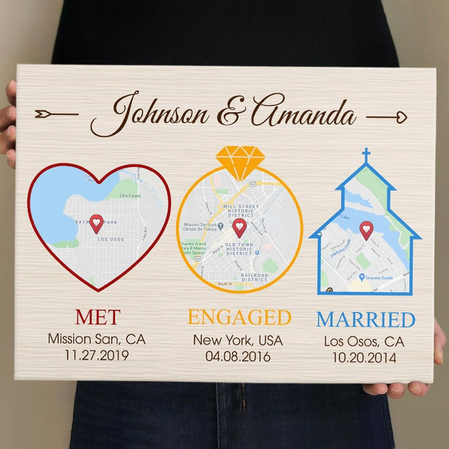 Custom Map And Text, Met Engaged Married Light Wood Background Canvas